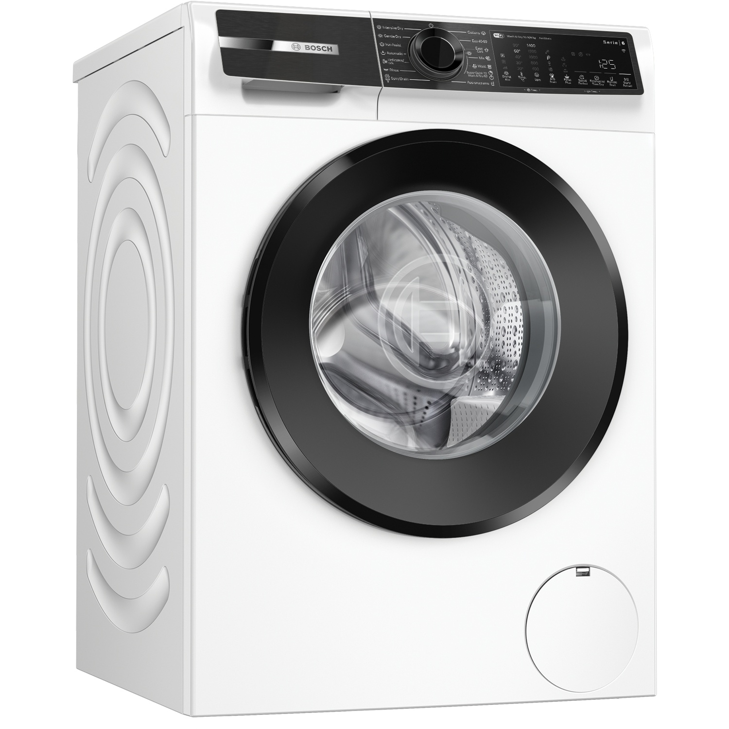 Een witte Bosch-wasmachine met een zwart bedieningspaneel en ronde glazen deur.