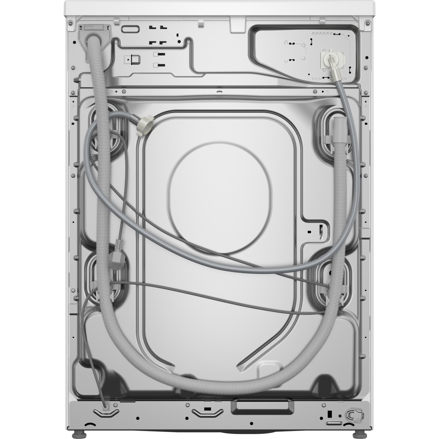 Achterkant van een wasmachine met aangesloten grijze slangen en kabels op zilvermetaal.