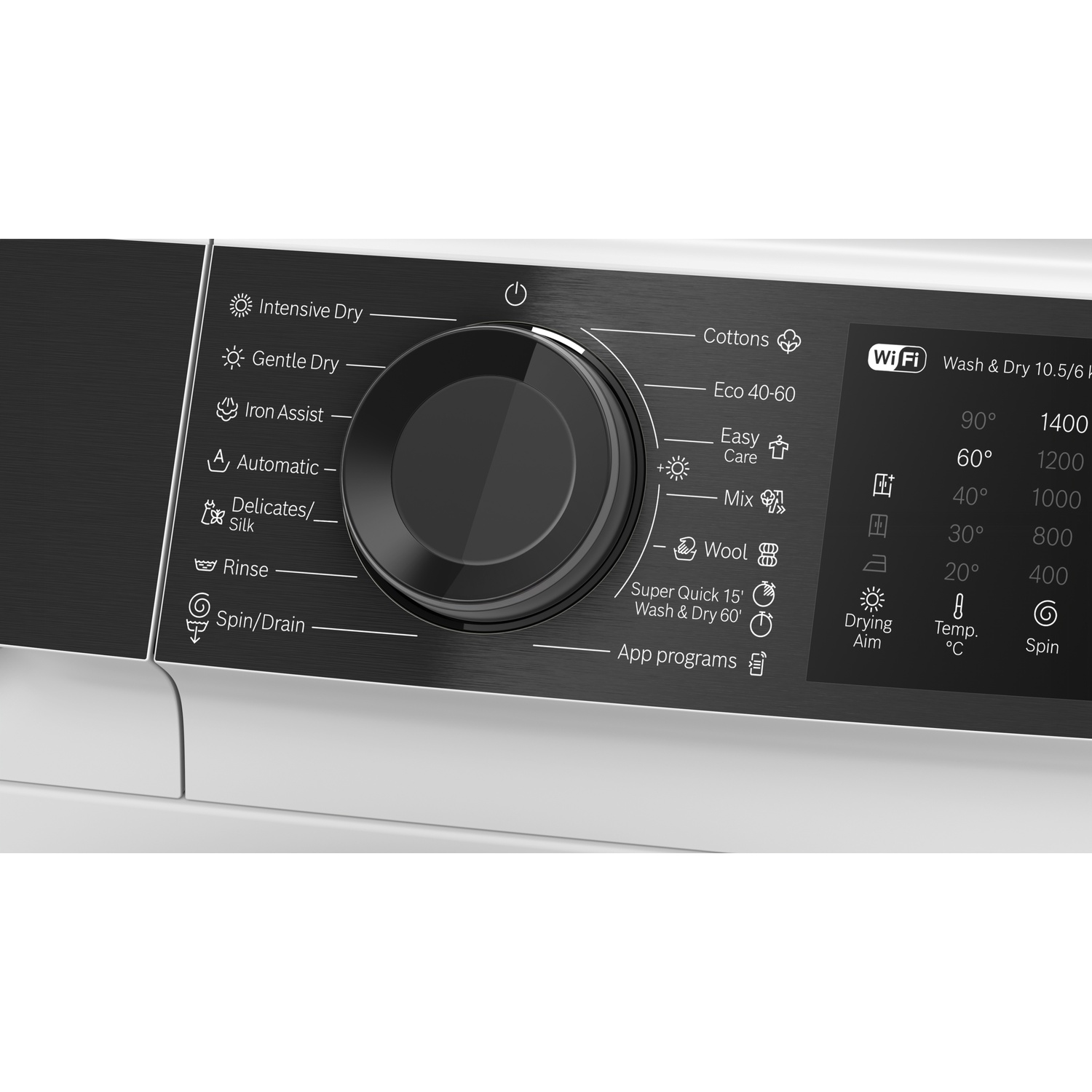 Bedieningspaneel van een wasmachine met draaiknop, programma's en digitaal display.