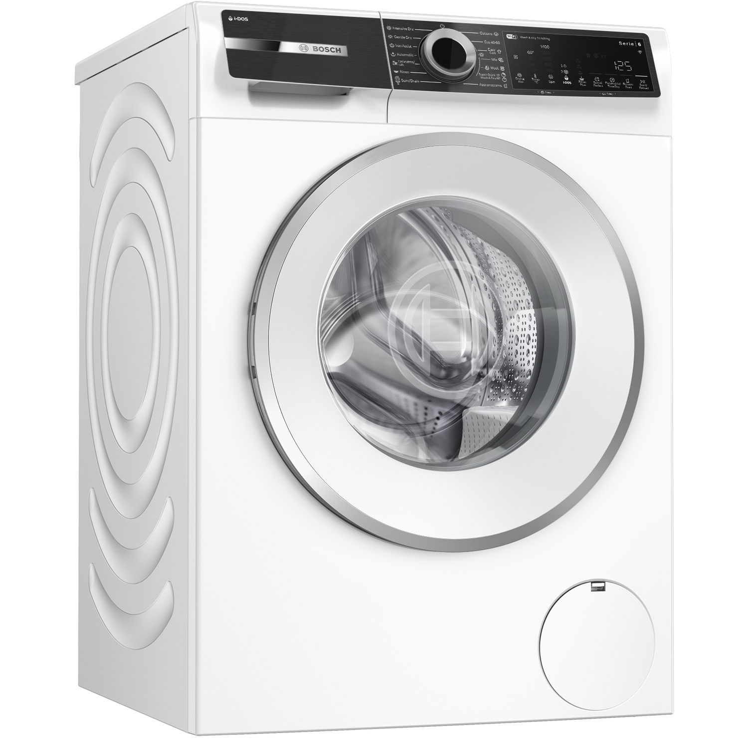 Witte Bosch wasmachine met zwart bedieningspaneel, draaiknop en digitaal display tegen een witte achtergrond.