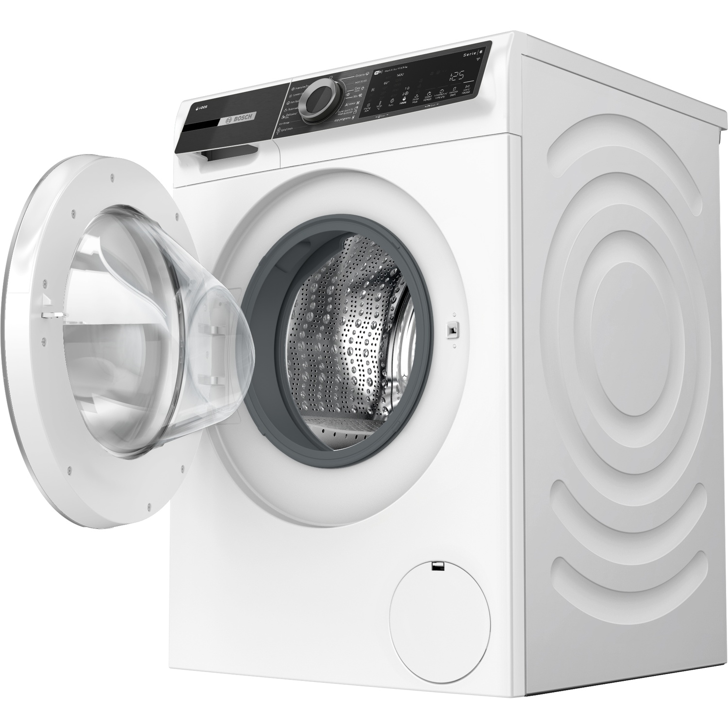 Een witte Bosch-wasmachine met open deur die de roestvrijstalen trommel toont.