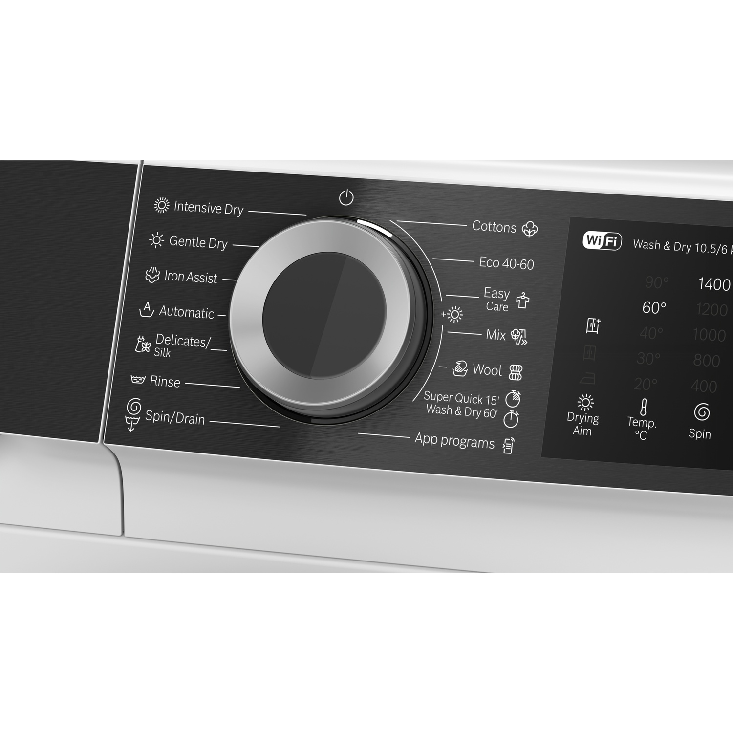 Bedieningspaneel van een wasmachine met centrale draaiknop, programmalabels en een digitaaldisplay rechts.