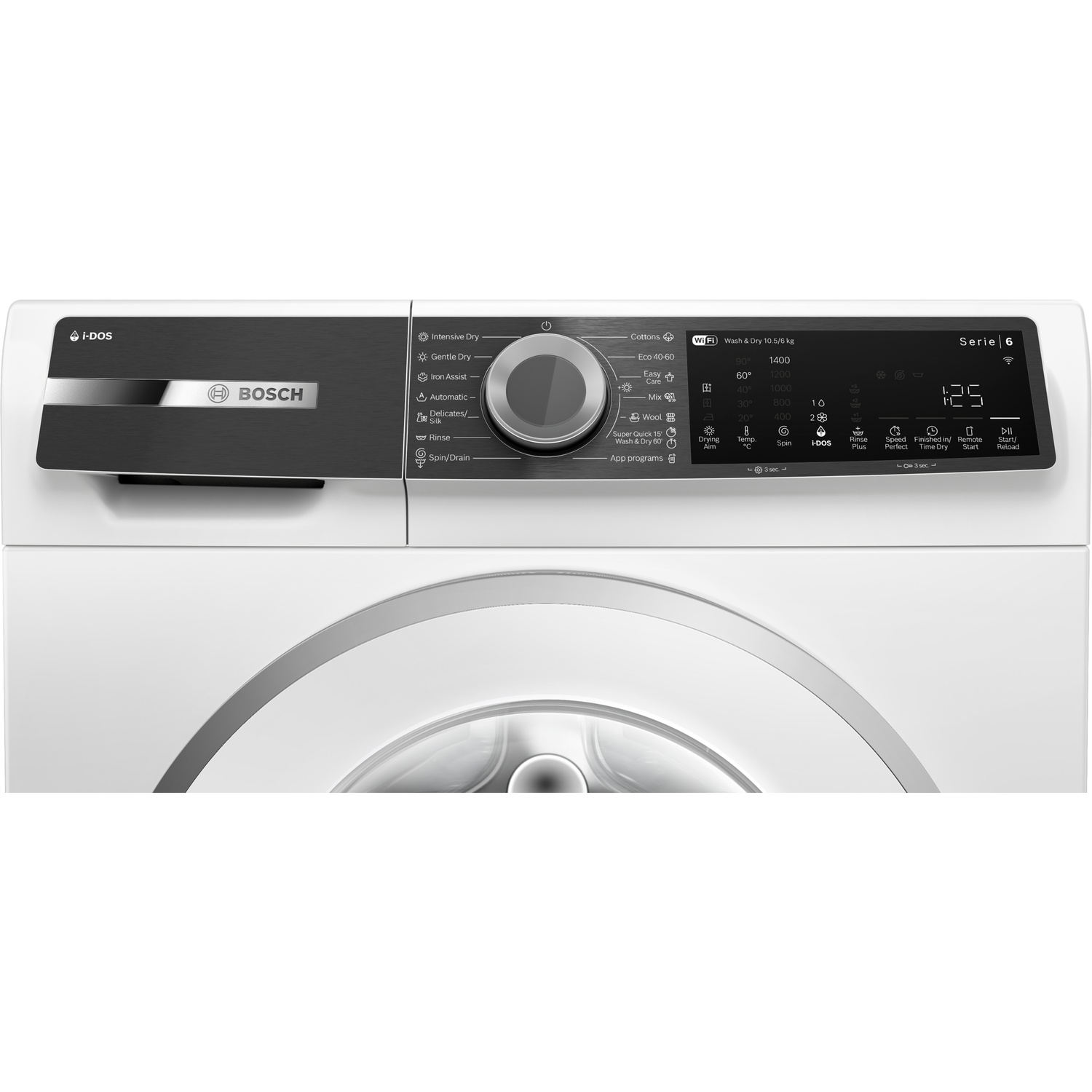 Bedieningspaneel van een witte Bosch Serie 6 wasmachine met draaiknop en digitaal display.