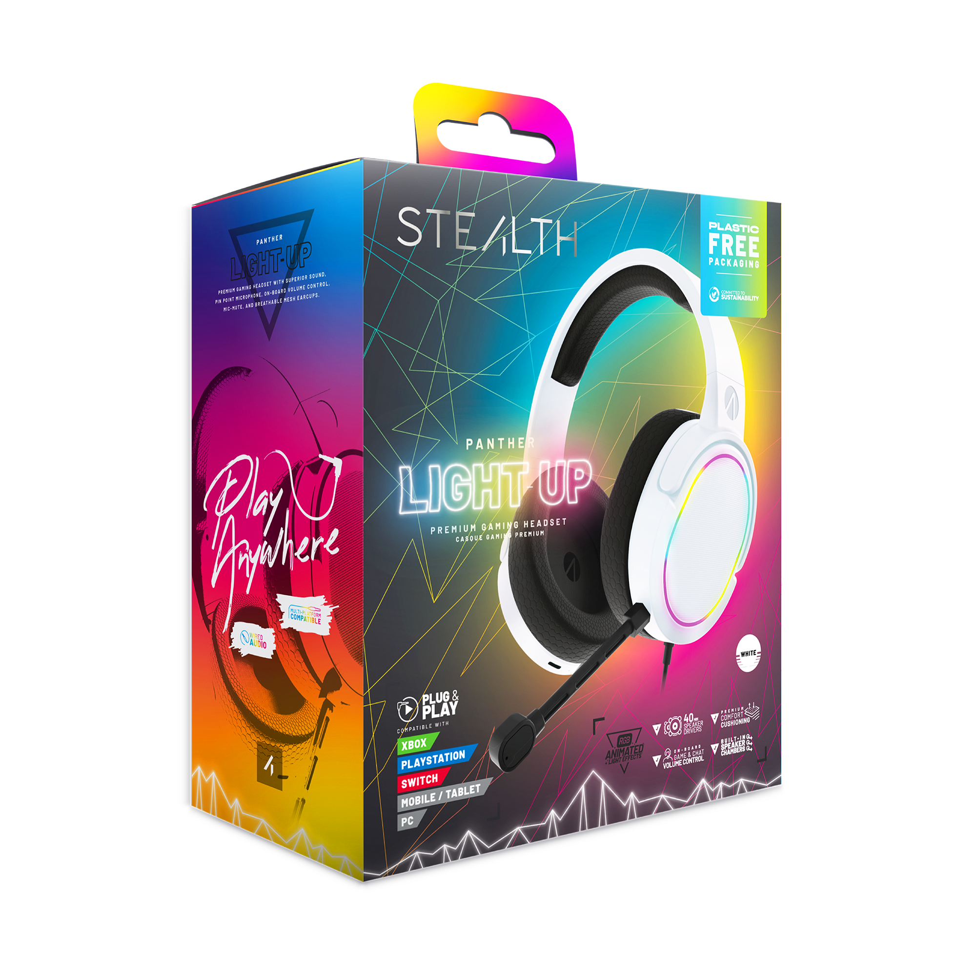 Stealth Panther Light-Up Gaming-Headset-Box mit weißem Headset und RGB-Beleuchtung vor buntem Hintergrund.