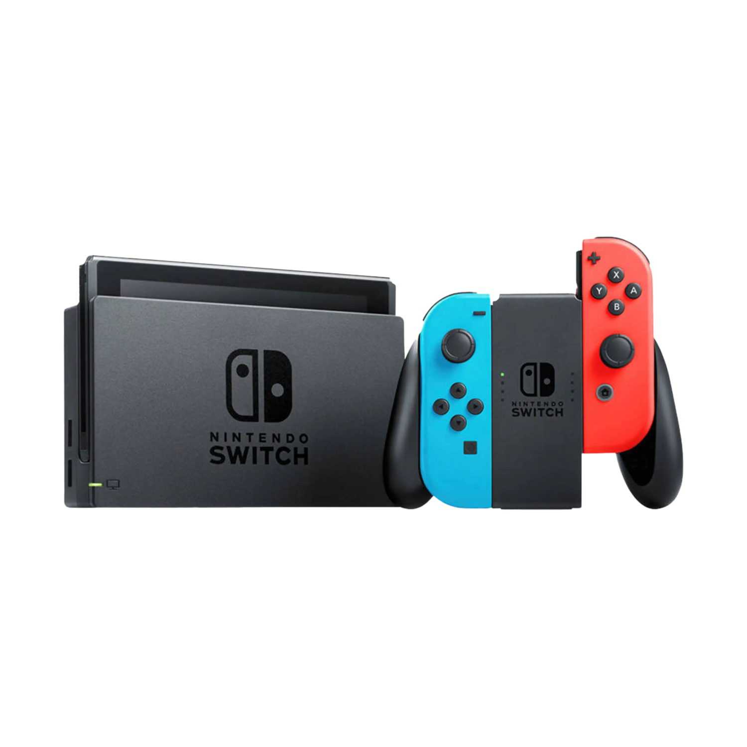 Una consola Nintendo Switch negra en su base junto a un mando Joy-Con azul y rojo.