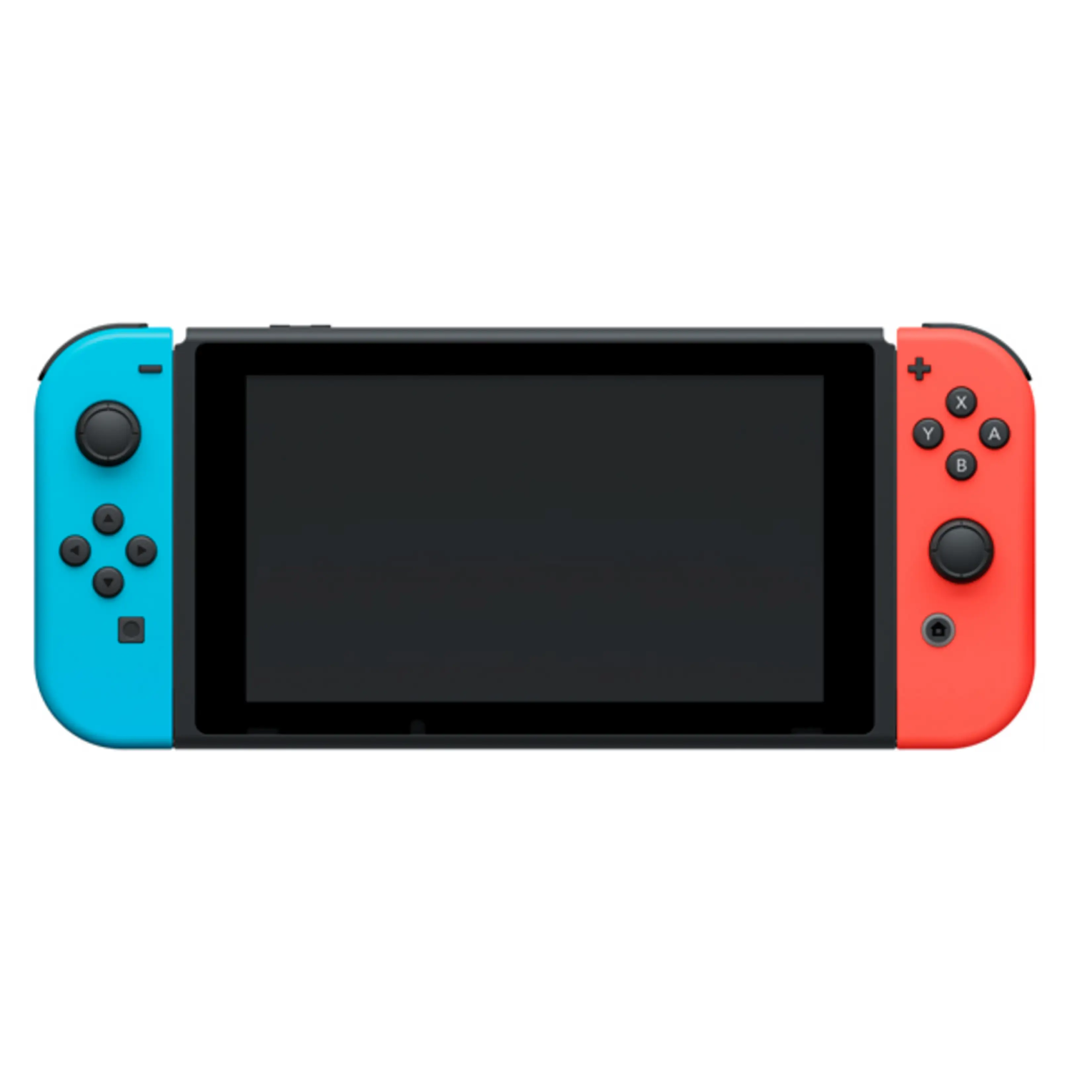 Una consola Nintendo Switch con un mando Joy-Con azul y otro rojo sobre fondo blanco.