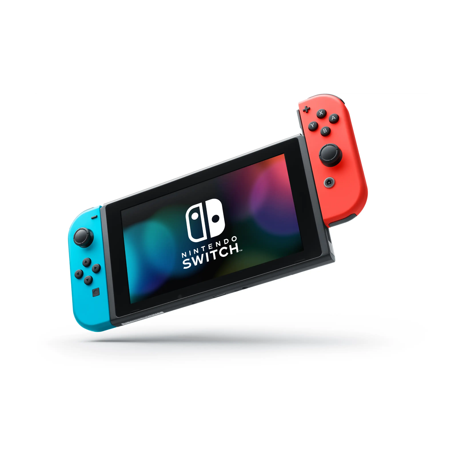 Una consola Nintendo Switch con mandos Joy-Con rojo y azul, mostrando el logotipo de Nintendo Switch.