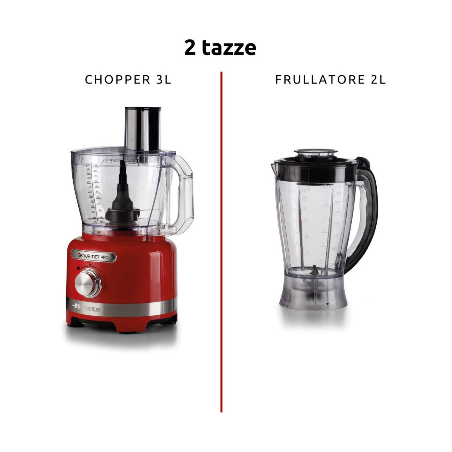 Robot da cucina rosso da 3L e frullatore da 2L su sfondo bianco.