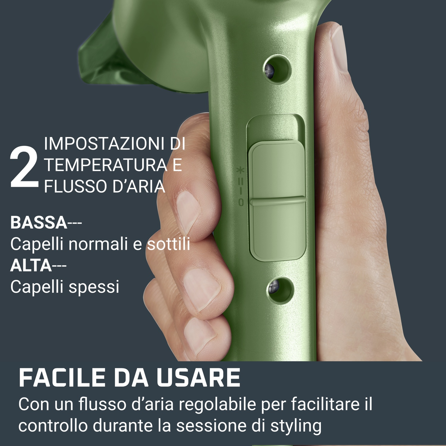 Una mano sostiene un phon verde con impostazioni di velocità e temperatura regolabili.