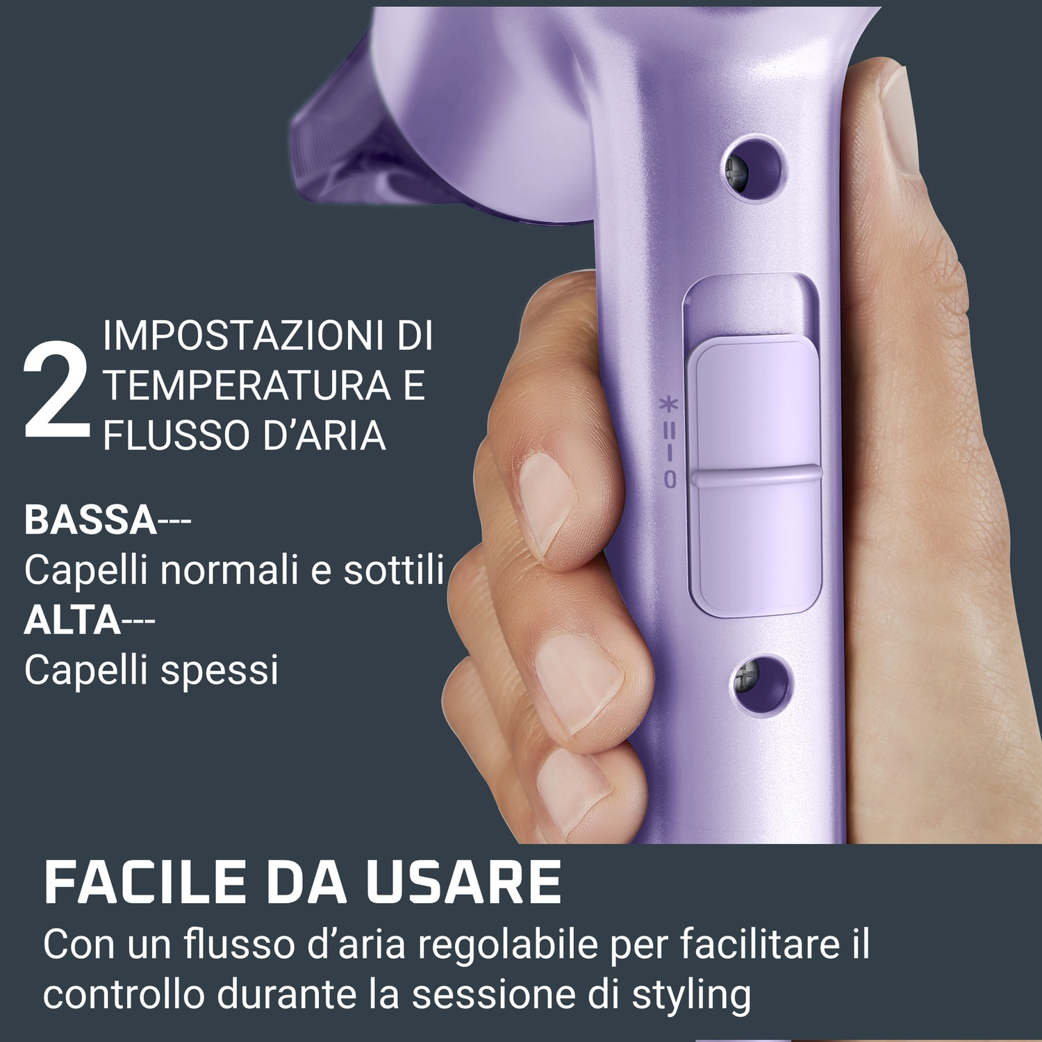 Mano che regge un asciugacapelli viola con interruttore e testo in italiano.