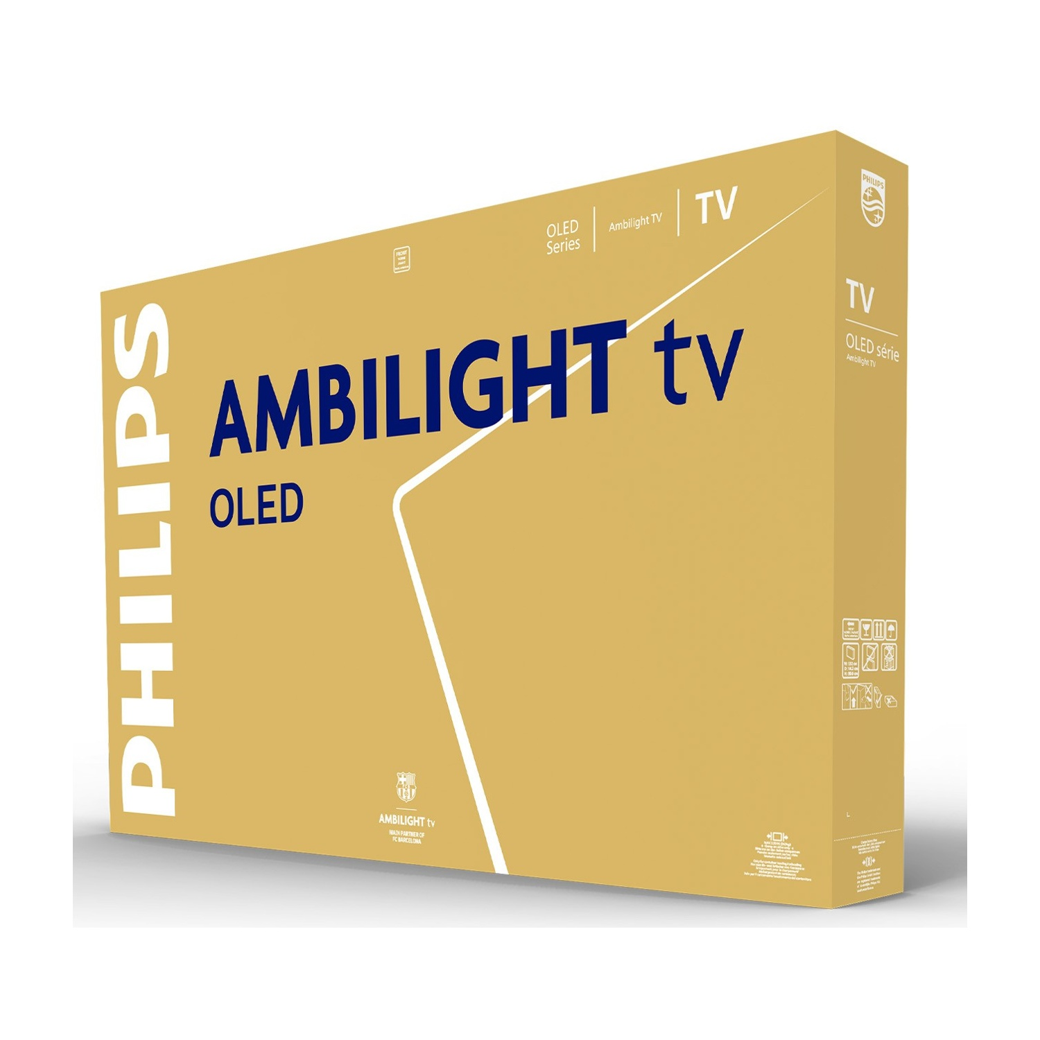 Scatola TV Philips Ambilight OLED marrone con testo blu e bianco su sfondo bianco.