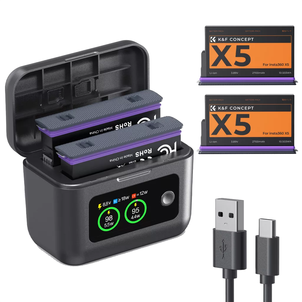 K&F hordozható dupla USB-C akkumulátor töltő +2db Insta 360 X5 akkumulátor, 2700mAh