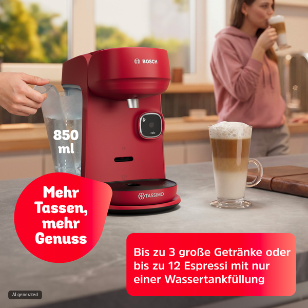 Eine rote Bosch Tassimo Kaffeemaschine auf einer Theke mit einem Glas Latte und Textoverlays.