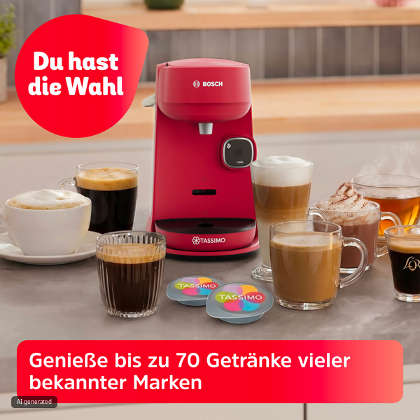 Rote Bosch Tassimo Kaffeemaschine auf einer Küchentheke mit verschiedenen Kaffeespezialitäten in Tassen.