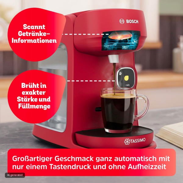 Eine rote Bosch Tassimo Kaffeemaschine brüht Kaffee in eine Glaseffetasse, mit erklärenden Texten auf Deutsch.