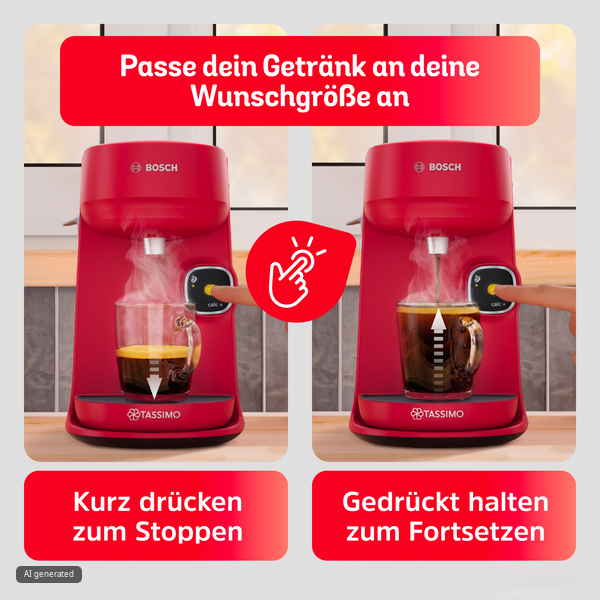 Zwei rote Tassimo Kaffeemaschinen mit Anleitung für Getränkegröße durch kurzes oder langes Drücken.