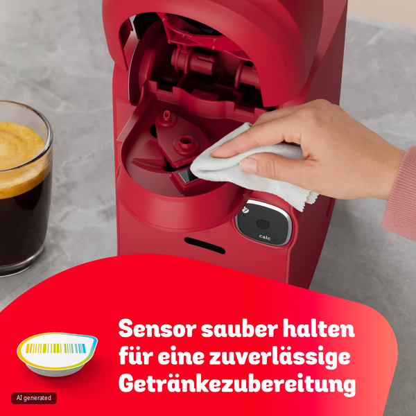 Eine Hand reinigt das Innere einer roten Kaffeemaschine mit einem Tuch; daneben steht ein Glas Kaffee.