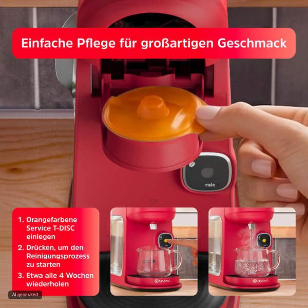 Eine Hand legt eine orange Service-T-DISC in eine rote Tassimo-Kaffeemaschine ein.