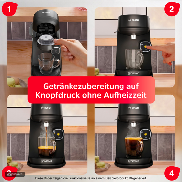 Vier Schritte zeigen die Kaffeebereitung mit einer schwarzen Bosch Tassimo Kaffeemaschine.