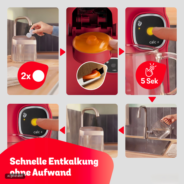 Sechs Bilder zeigen Schritte zur einfachen Entkalkung einer roten Kaffeemaschine.