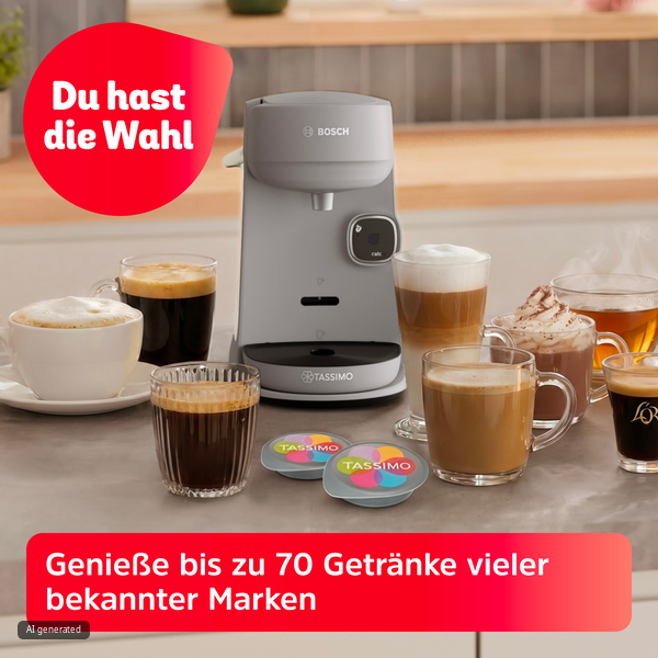 Eine graue Bosch Tassimo Kaffeemaschine mit vielen verschiedenen Kaffeespezialitäten und Tassimo T-Discs auf der Theke.