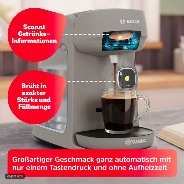 Eine graue Bosch Tassimo Kaffeemaschine brüht Kaffee in eine Glastasse, mit erklärenden roten Infofeldern.