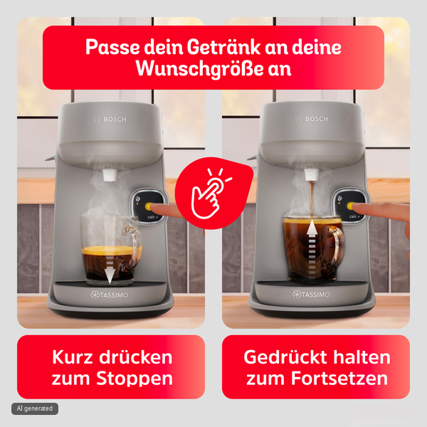 Zwei Bilder einer Tassimo Kaffeemaschine mit deutscher Anleitung zur Getränkegrößenanpassung.