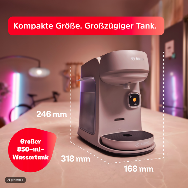 Kompakte weiße Tassimo Kaffeemaschine auf einer Küchentheke mit Maßangaben.