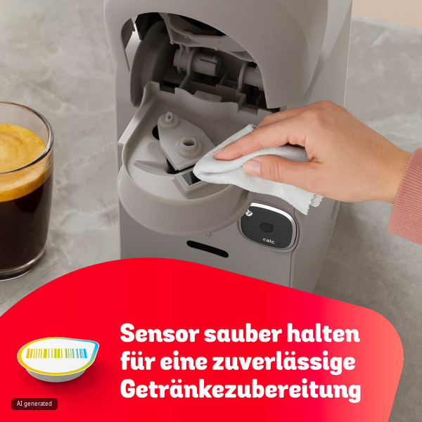 Eine Hand wischt den Sensor einer Kaffeemaschine mit einem Tuch ab.