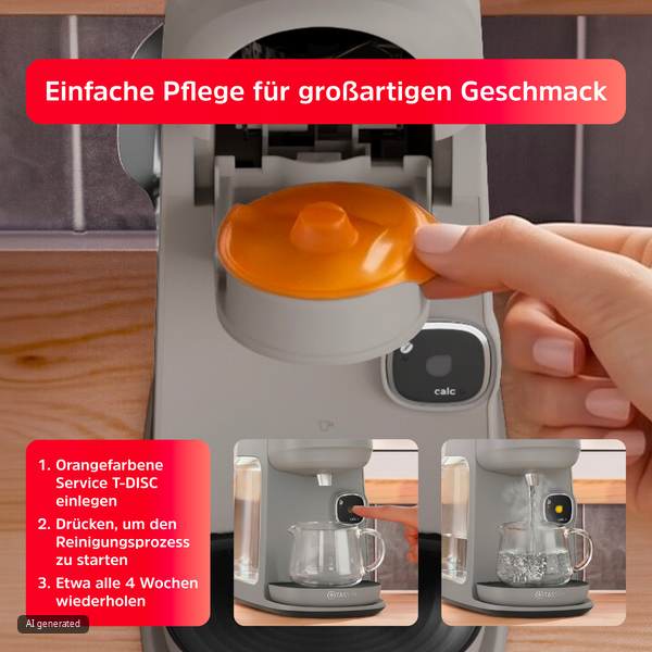 Hand legt orange T-Disc in graue Kaffeemaschine ein.