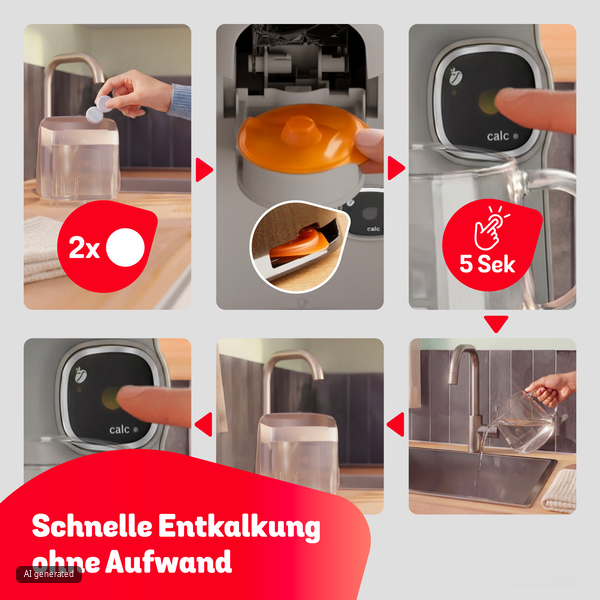 Sechs schritte zum entkalken einer kaffeemaschine mit kalktabletten, wasser und knopfdruck.