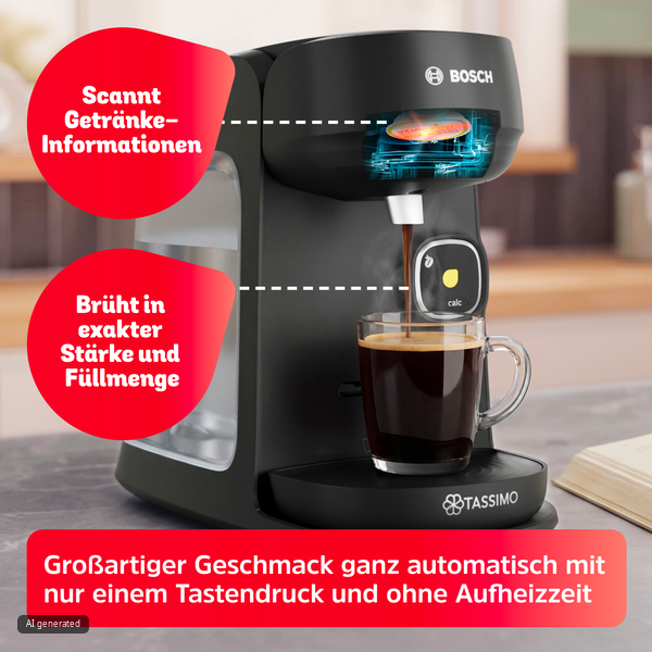 Eine schwarze Bosch Tassimo Kaffeemaschine brüht Kaffee in eine Glaskasse, mit roten Werbetexten.