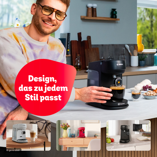 Ein lächelnder Mann in einer Küche greift nach einer Tasse Kaffee neben einer schwarzen Bosch Tassimo Maschine.
