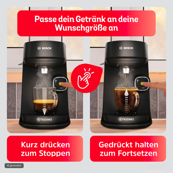 Eine Bosch Tassimo Kaffeemaschine mit einem Finger auf dem Knopf zeigt Bedienungshinweise auf Deutsch.