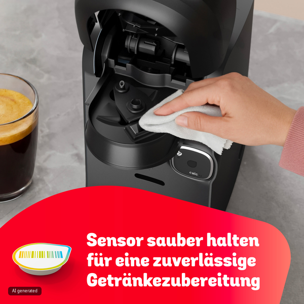 Eine Hand wischt mit einem Tuch den Sensor einer schwarzen Kaffeemaschine sauber.