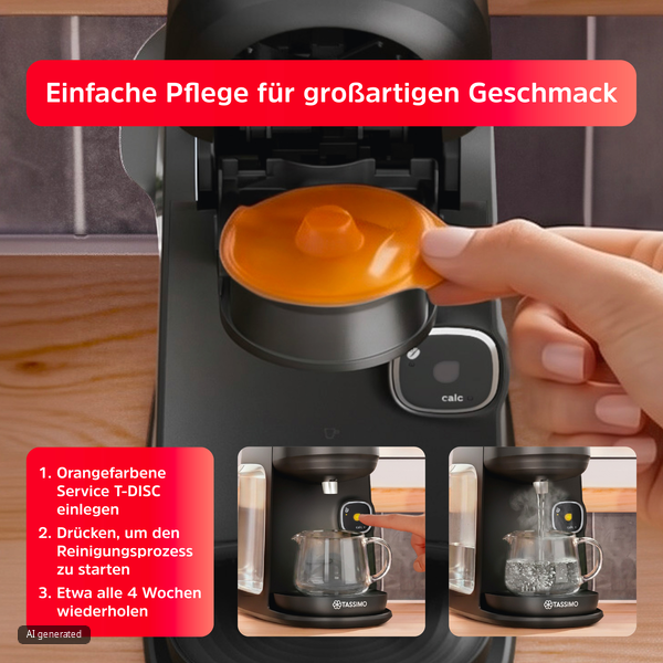 Hand legt orangefarbene Service T-DISC in Tassimo-Kaffeemaschine ein.