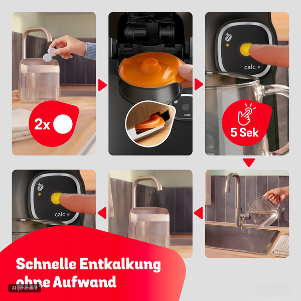 Schritt-für-Schritt-Anleitung zum Entkalken einer Kaffeemaschine mit Tabs und Wassertank.