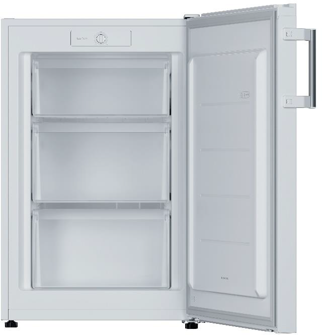 Un congélateur armoire blanc avec porte ouverte montre trois tiroirs transparents et un thermostat.