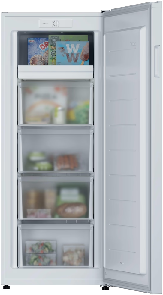 Un congélateur armoire blanc ouvert rempli de nourriture dans ses quatre tiroirs transparents.