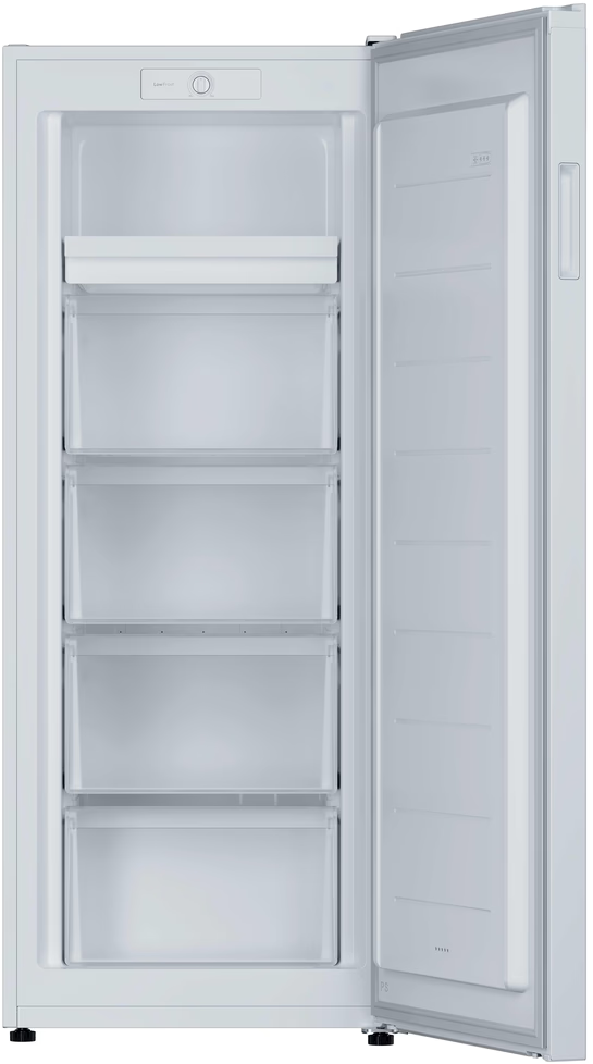 Un congélateur vertical blanc avec une porte ouverte, quatre tiroirs transparents et une étagère supérieure.