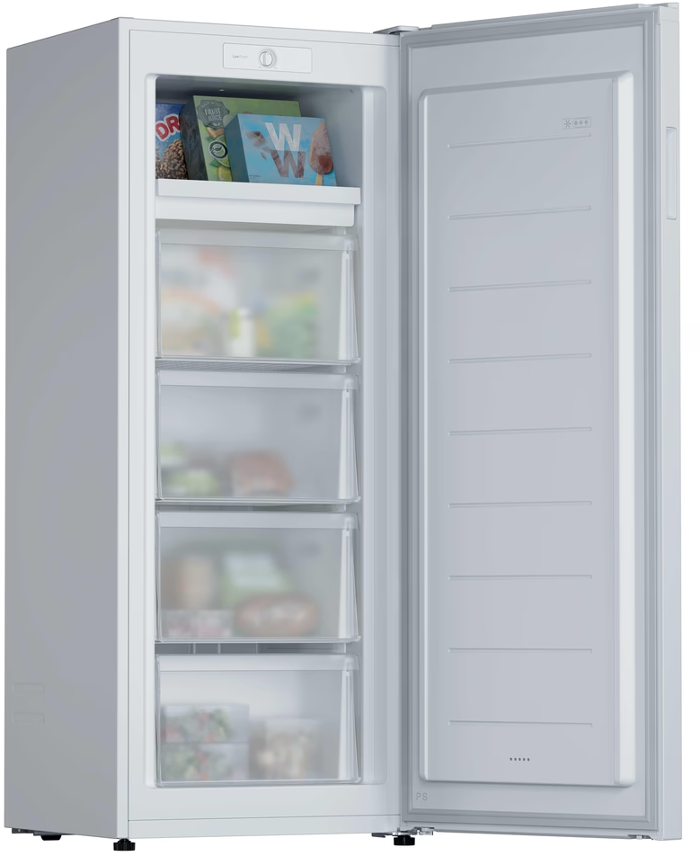 Congélateur vertical blanc à porte ouverte, avec étagère supérieure et quatre tiroirs translucides remplis.