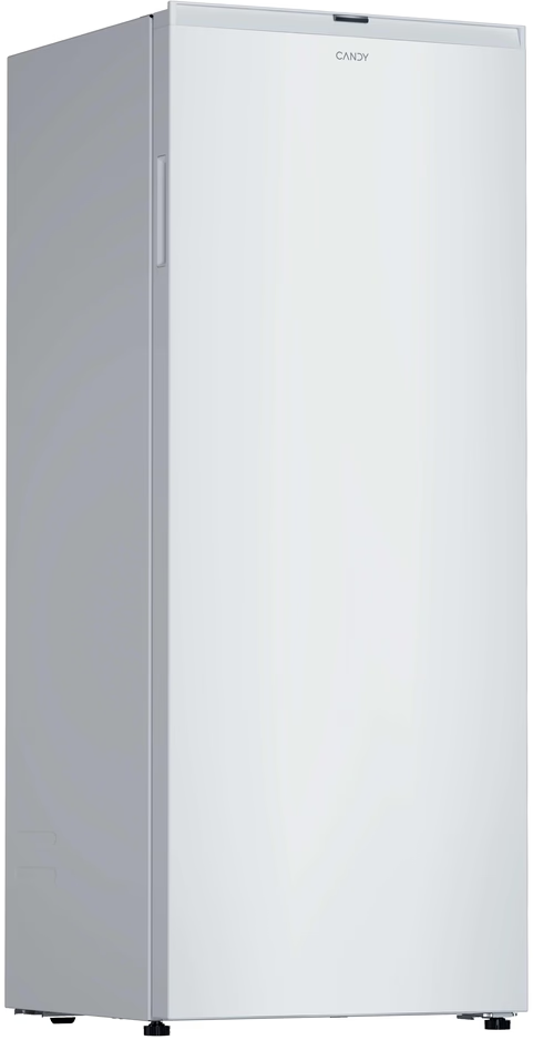 Un congélateur armoire blanc Candy isolé sur fond blanc, au design élégant avec une poignée latérale.