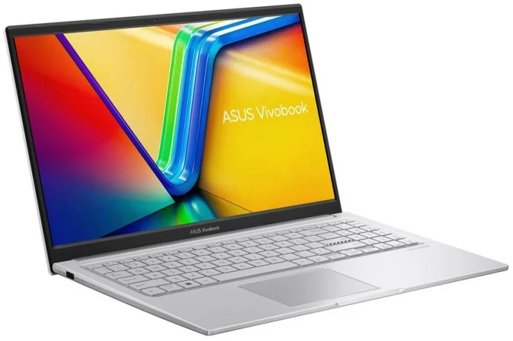Egy ezüst színű ASUS Vivobook laptop fehér háttérben, képernyőjén színes absztrakt vonalakkal.