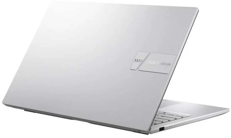 Ezüst színű ASUS Vivobook laptop hátulnézetben, fém fedéllel és billentyűzettel fehér háttér előtt.