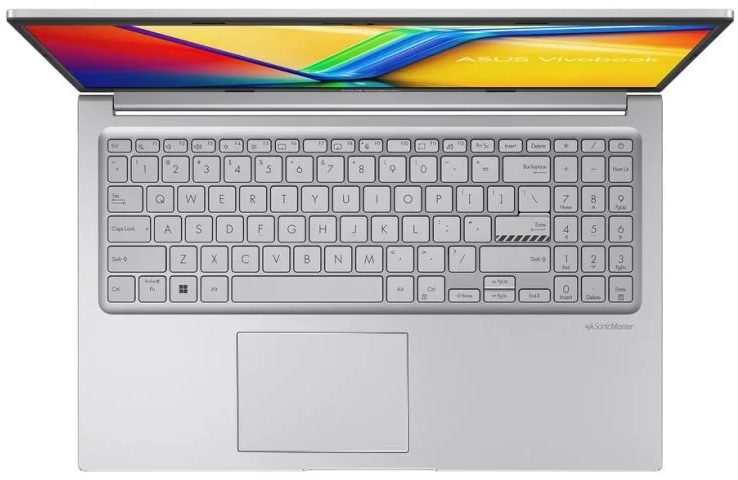 Felülnézet egy ezüst laptopról színes képernyővel és QWERTY billentyűzettel.