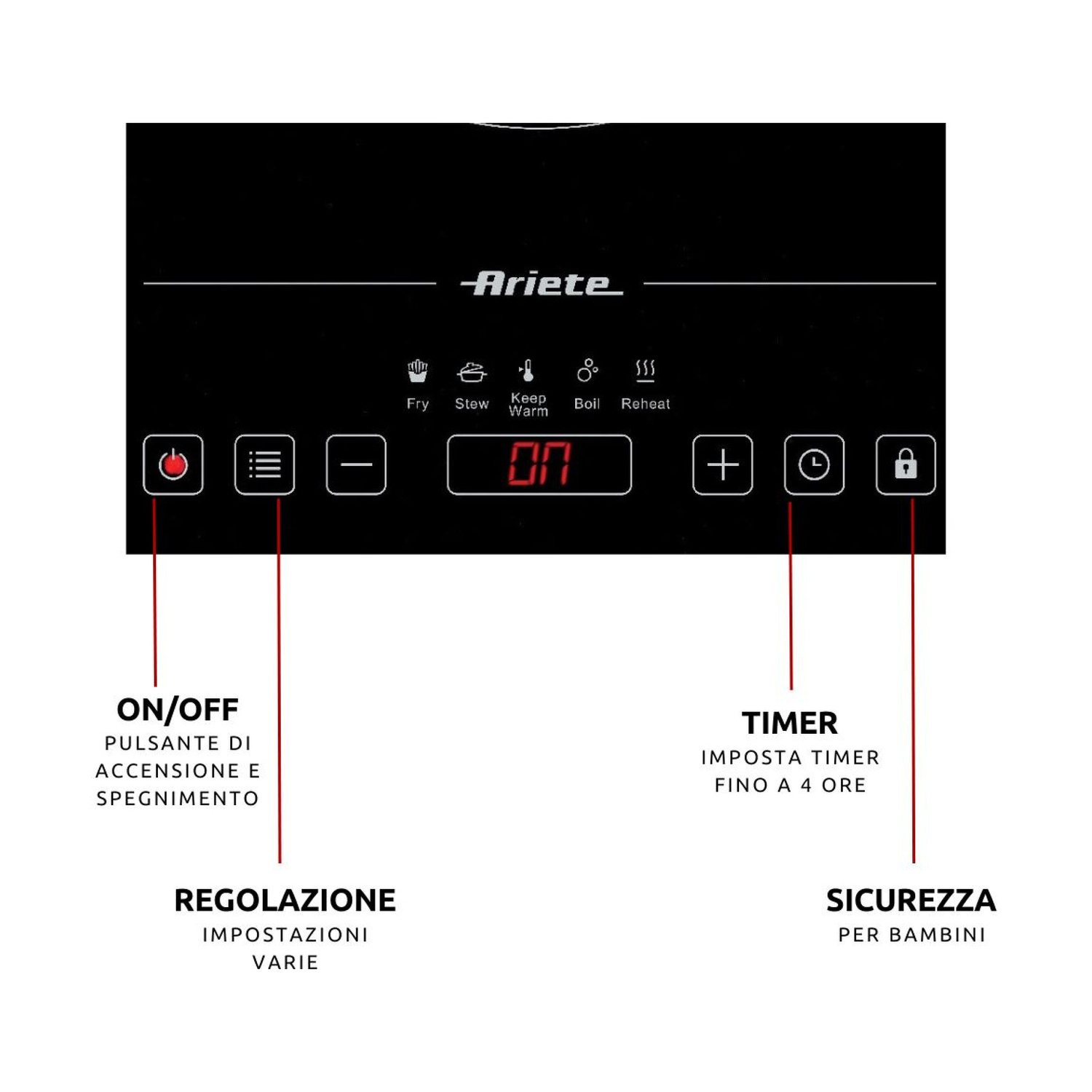 PIASTRA A INDUZIONE ARIETE PIASTRA INDUZIONE SINGOLA, Assorbimento potenza 2000 W, Zone di cottura 1, Dimensione prima piastra di cottura 28 mm, Nero