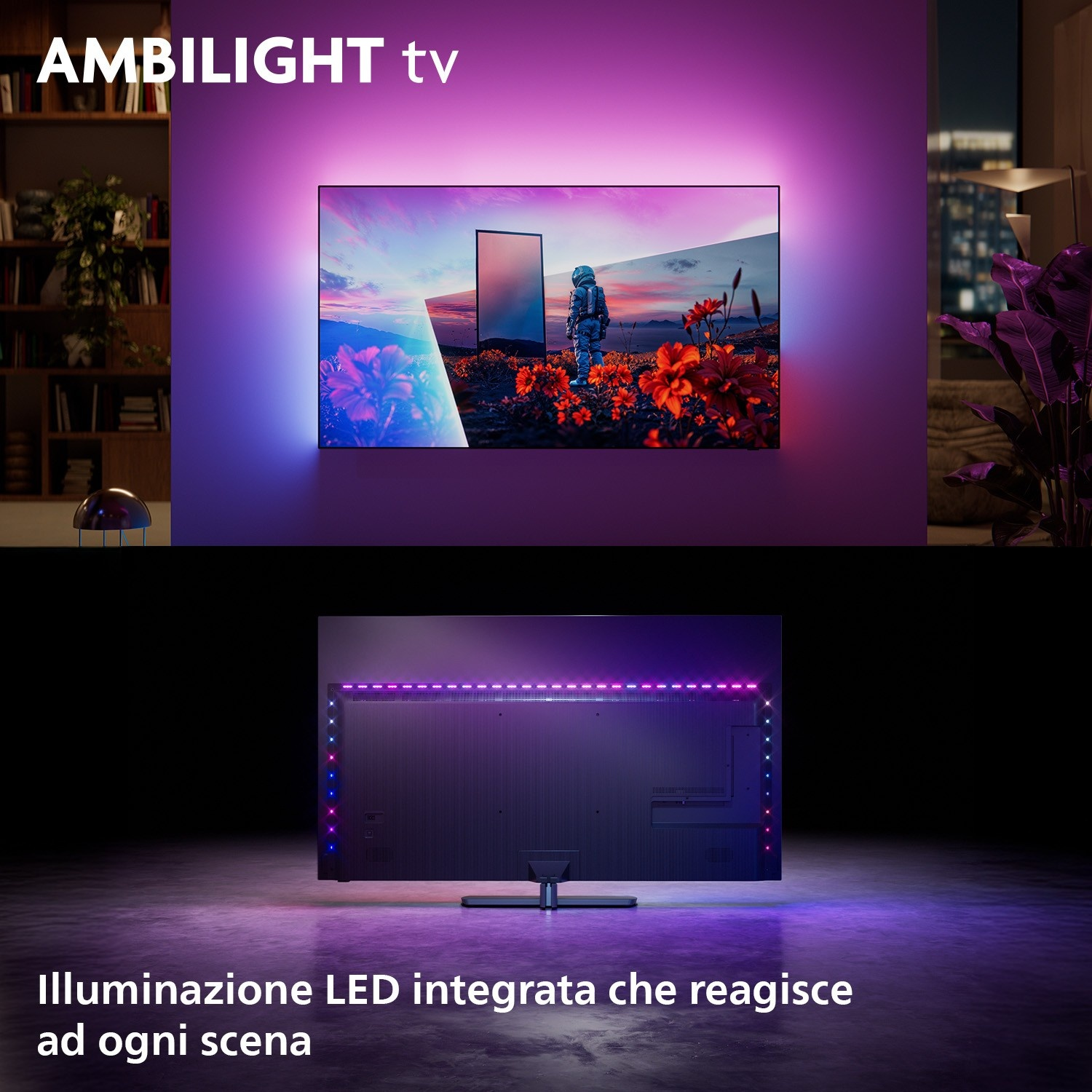TV Ambilight con astronauta tra i fiori e la parte posteriore illuminata da LED colorati.