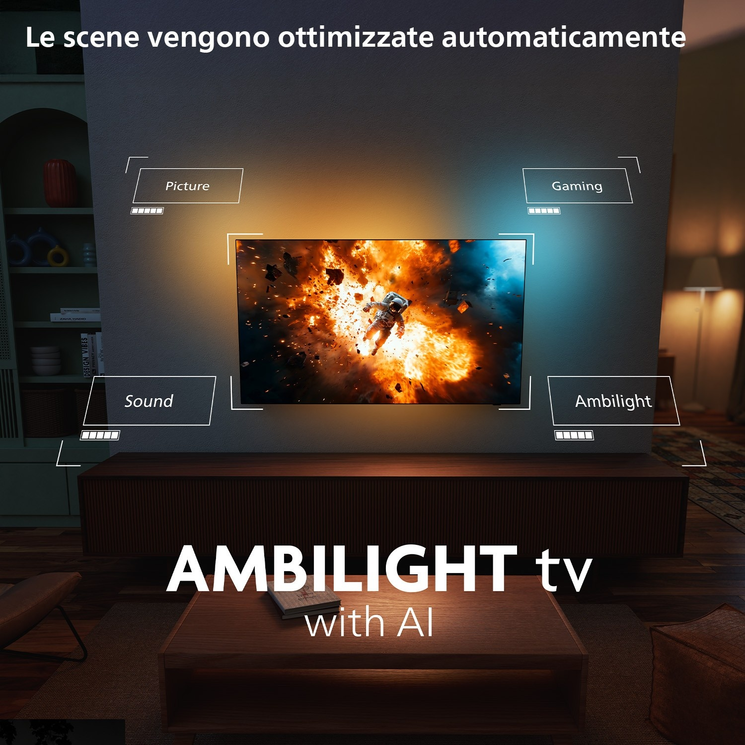Una TV Ambilight con IA mostra un'esplosione sullo schermo, circondata da illuminazione ambientale ed elementi UI.