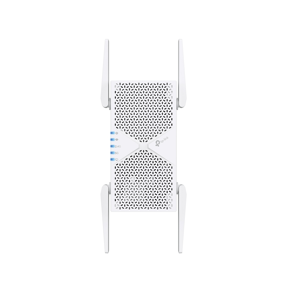 Weißer TP-Link WLAN-Extender mit vier Antennen und blauen Status-LEDs auf weißem Hintergrund.