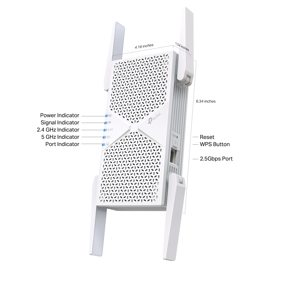 Diagramm eines weißen TP-Link-WLAN-Verstärkers mit Maßen, Indikatoren und Anschlüssen.